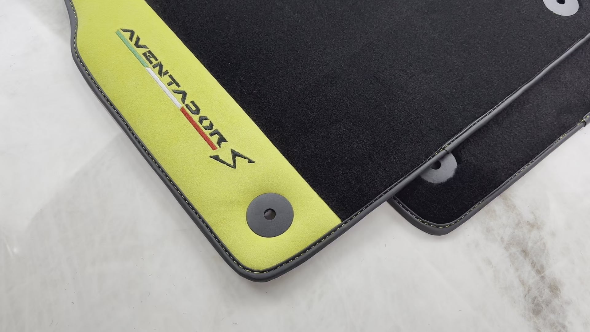 Black Floor Mats for Lamborghini Aventador S with Yellow Alcantara Leather - AutoWin.EU