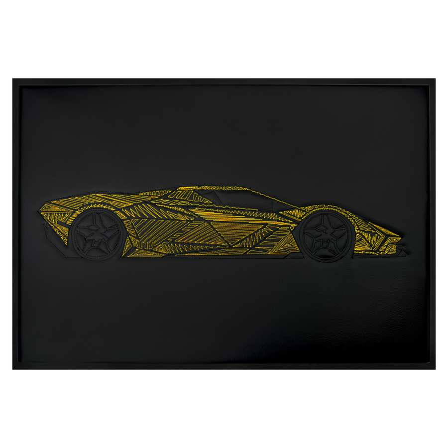 Black Leather Supercar Inspired Wall Art: Embroidered Yellow Stitch