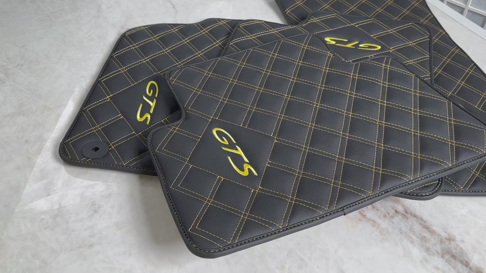 Black Leather Floor Mats for Porsche Macan GTS Yellow Sewing - AutoWin