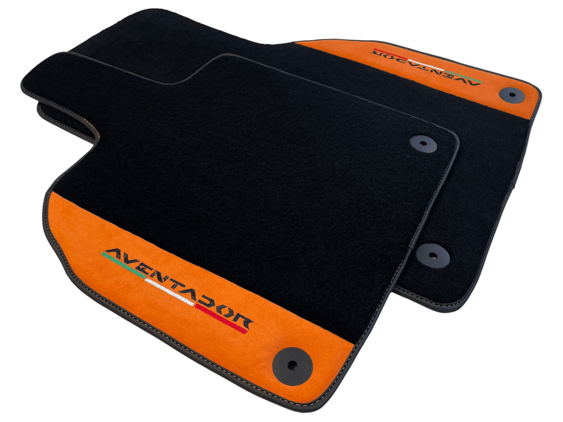 Black Floor Mats for Lamborghini Aventador With Orange Alcantara Leather - AutoWin