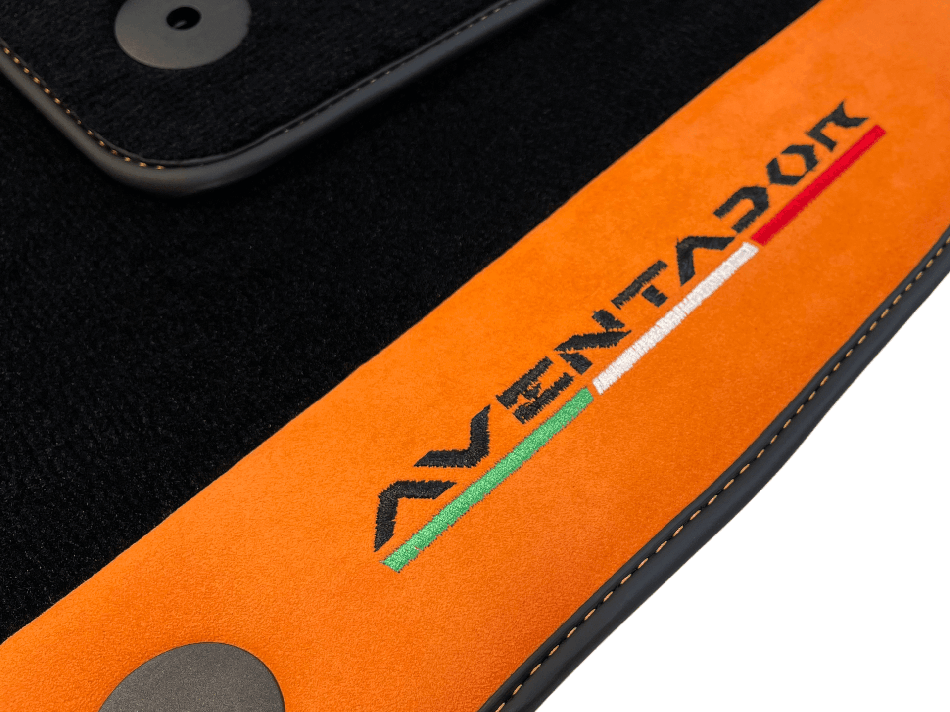 Black Floor Mats for Lamborghini Aventador With Orange Alcantara Leather - AutoWin