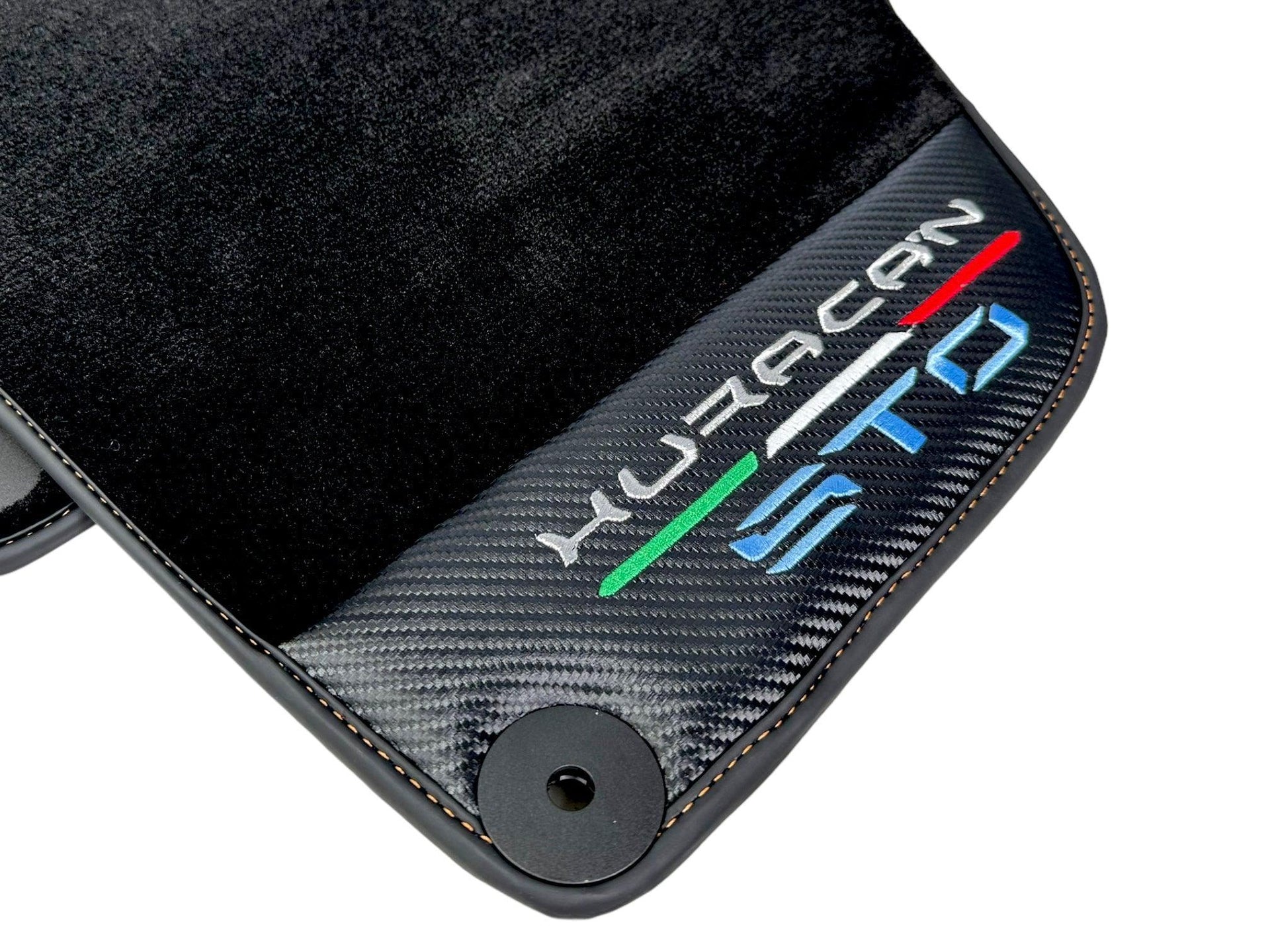 Huracan STO Black Mats: Carbon Fiber Leather & Orange Sewing