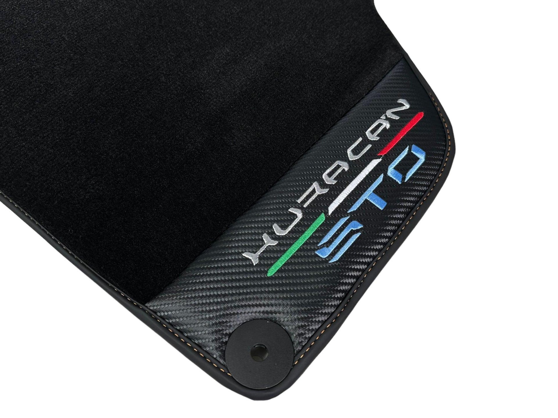 Huracan STO Black Mats: Carbon Fiber Leather & Orange Sewing