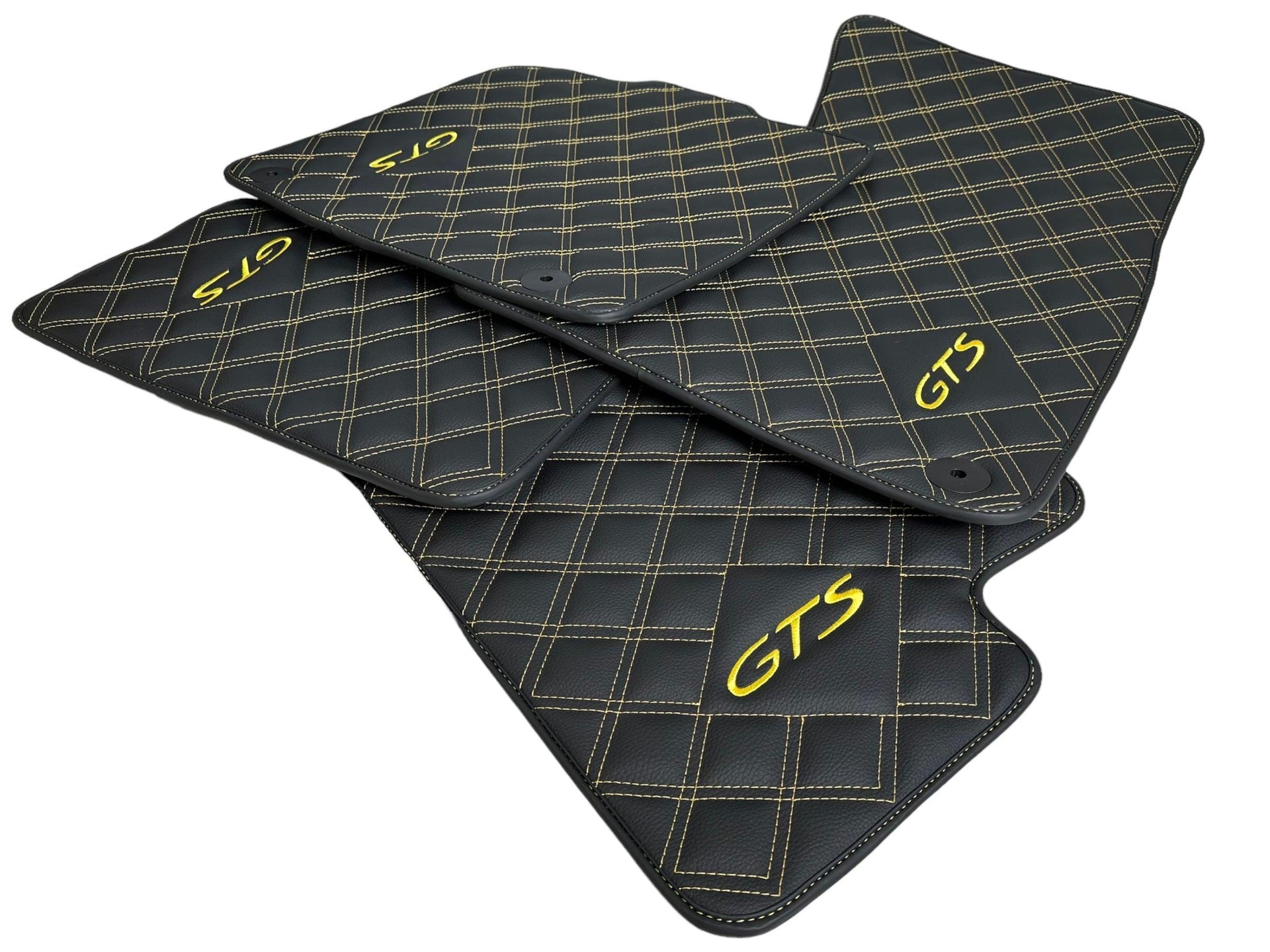Black Leather Floor Mats for Porsche Macan GTS Yellow Sewing - AutoWin