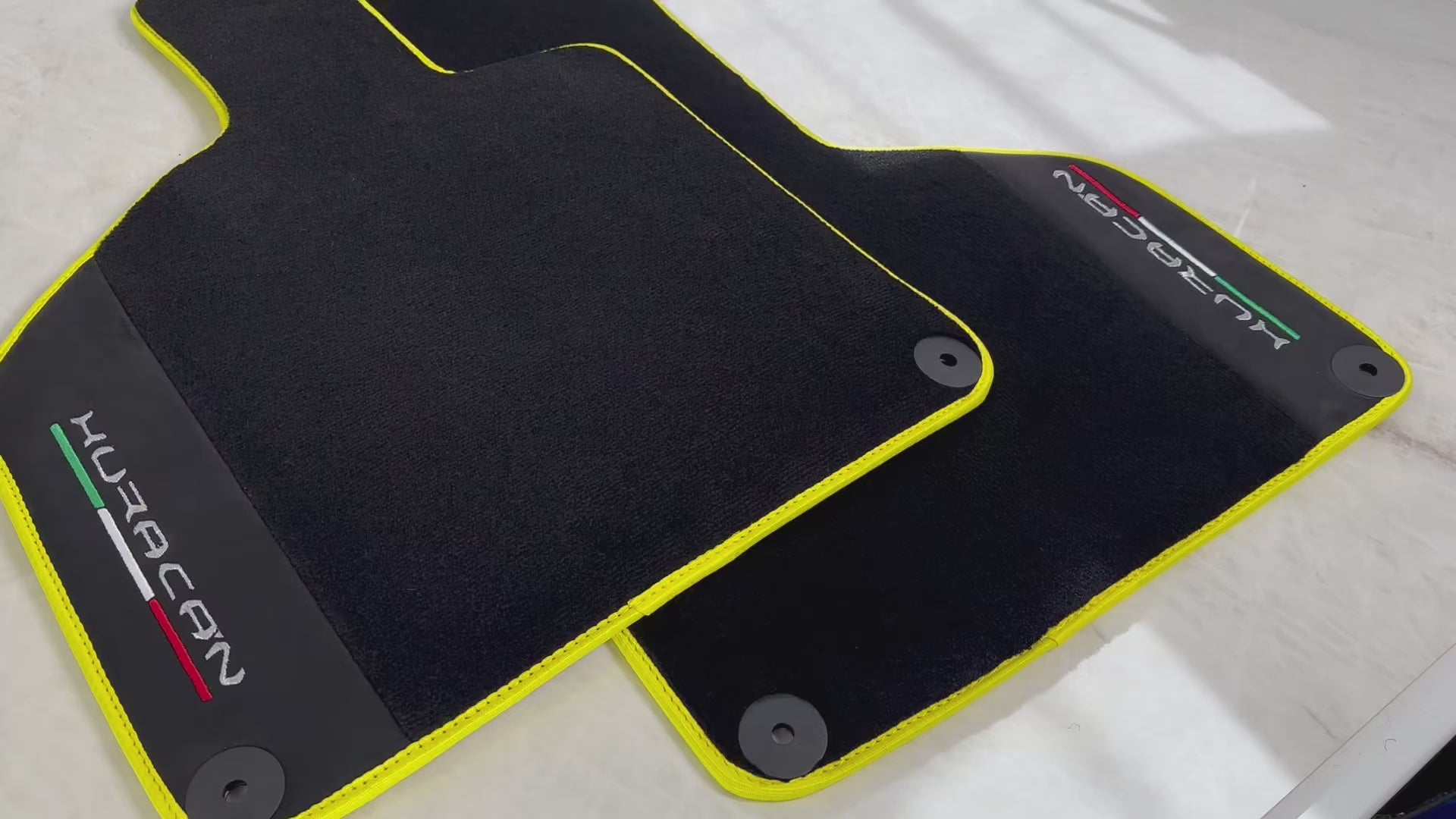Black Floor Mats for Lamborghini Huracan With Alcantara Leather Yellow Trim - AutoWin.EU