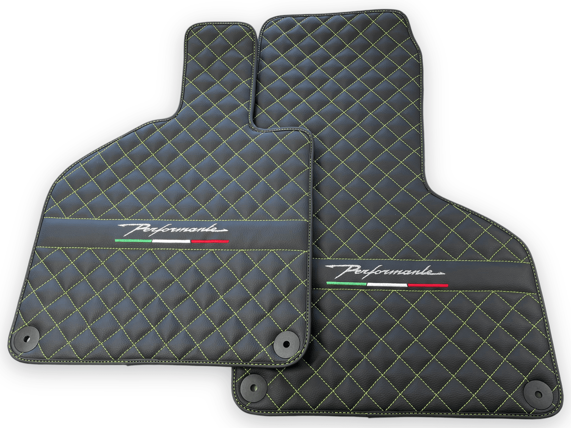 Black Leather Floor Mats for Lamborghini Huracan Perfomante | Green Stitching - AutoWin